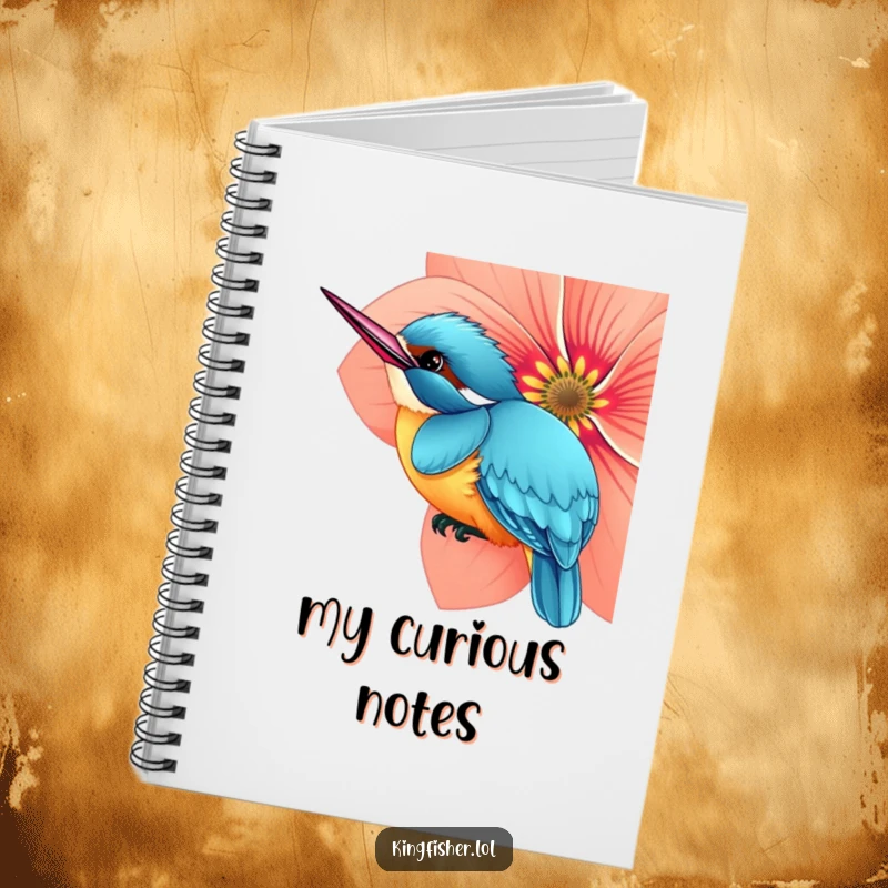 Funny notebook with a curious kingfisher bird peeking from behind a flower, perfect for notes and sketches.