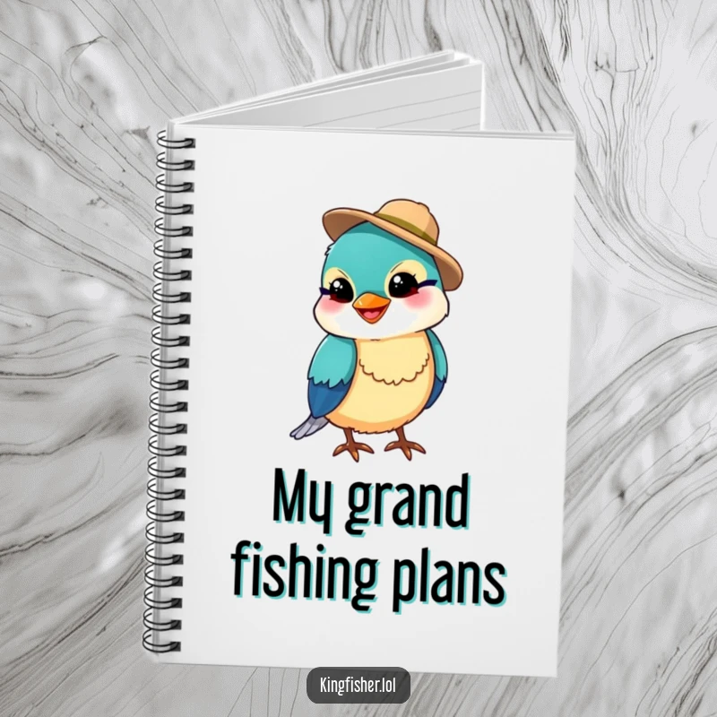 Front cover of a notebook featuring a funny kingfisher bird wearing a small fishing hat and a silly grin, a great funny gift.