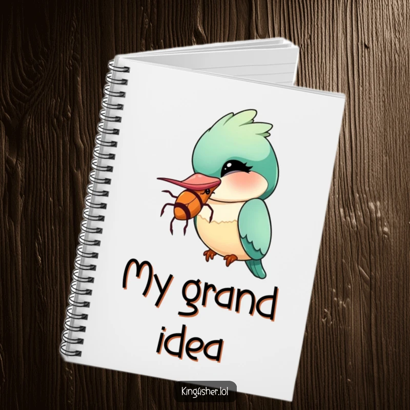 Funny Kingfisher Notebook featuring a kawaii bird winking with a comically oversized insect, ideal for notes and humorous writing.
