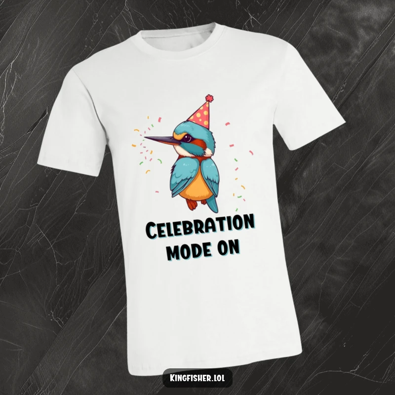 Funny t-shirt of a kingfisher bird in a party hat, blasting confetti from a cannon, perfect for festivities.