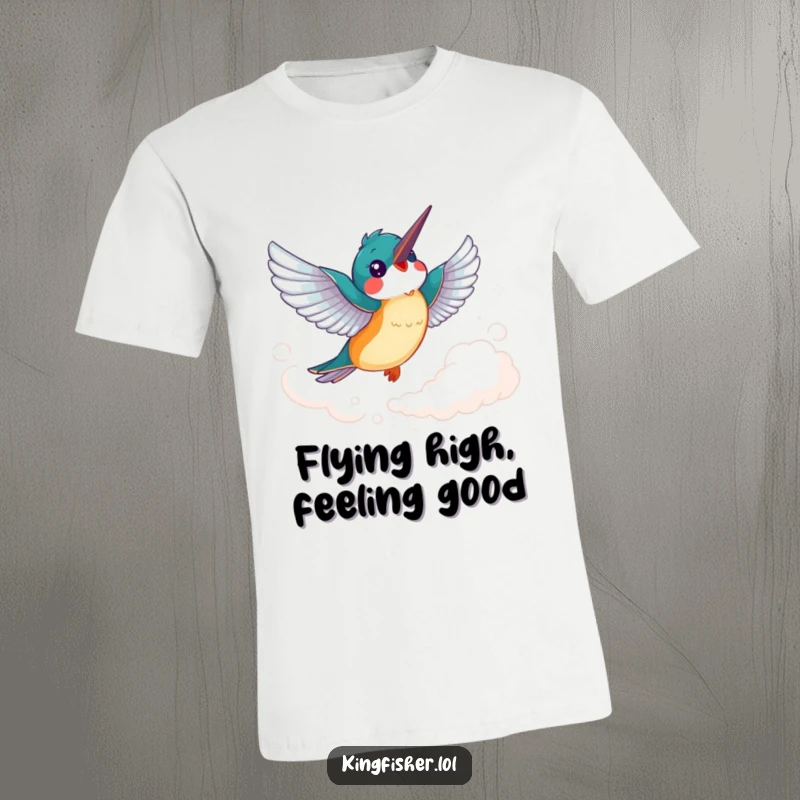 Funny Kingfisher T-Shirt: A cheerful kingfisher bird with flapping wings soars joyfully through a wispy cloud.