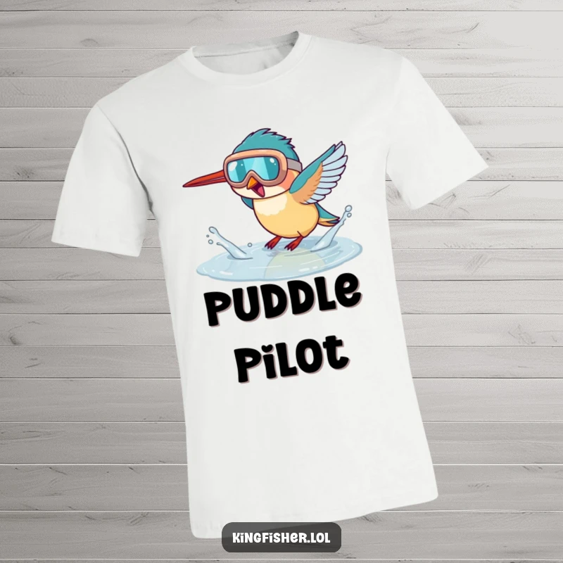 Funny kingfisher t-shirt, a bird wearing large goggles gleefully splashing water in a puddle, energetic and fun design.
