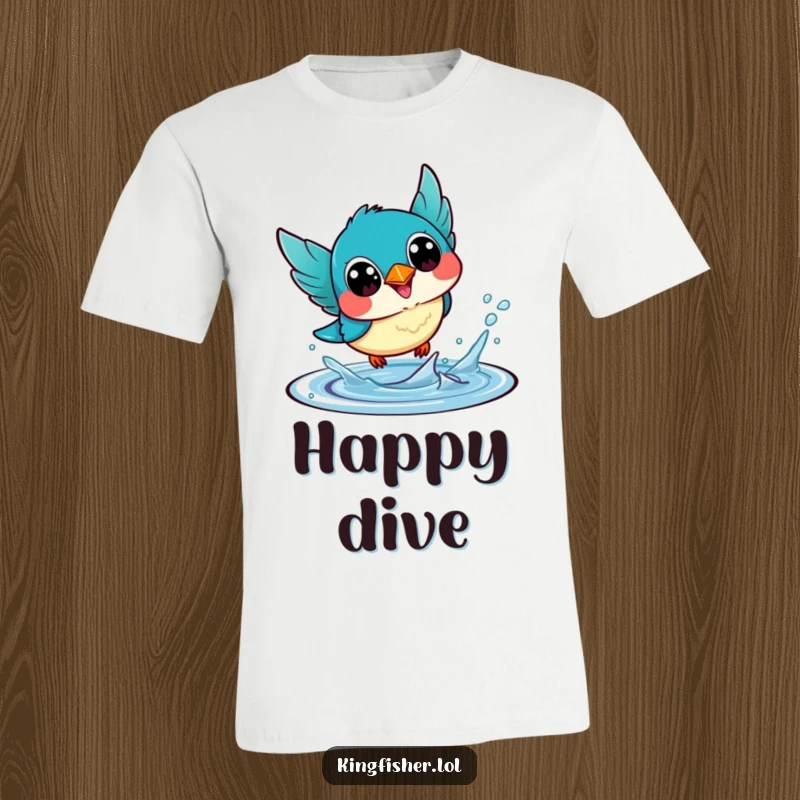 Funny T-Shirt: A charming kawaii kingfisher bird captured mid-dive, with exaggeratedly happy eyes, heading into water with gusto.