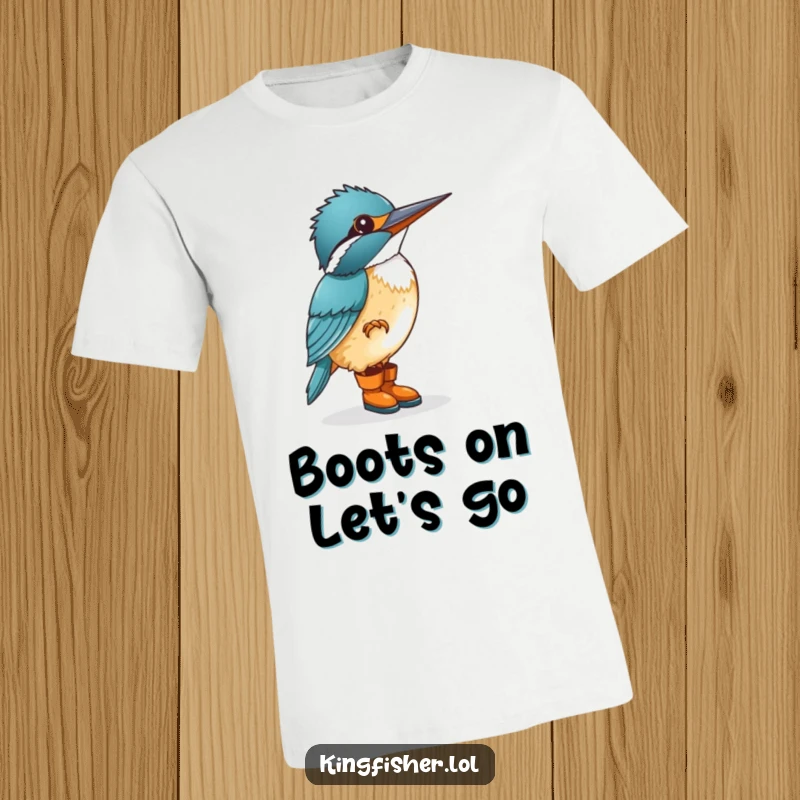 Funny kingfisher in tiny boots, tapping its foot excitedly on a t-shirt, a humorous and energetic avian illustration.