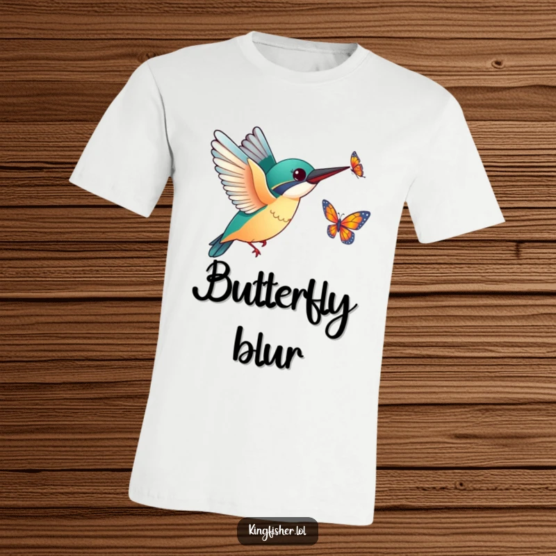 Funny Kingfisher Butterfly T-Shirt: A kingfisher with small, outstretched wings excitedly chasing a fluttering butterfly, capturing a moment of pure fun.