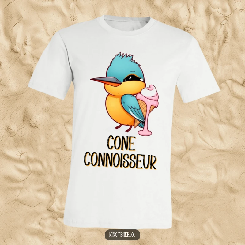 Funny kingfisher t-shirt, a bird with a mischievous grin winks while holding a melting ice cream cone, playful and humorous.