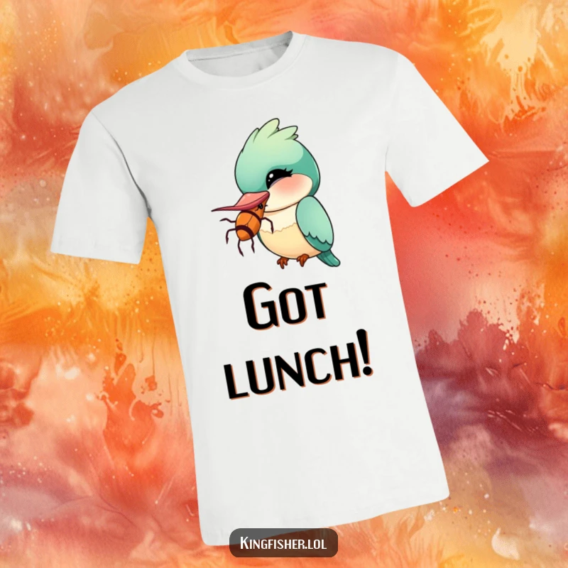 Funny Kingfisher T-Shirt with a kawaii bird winking, holding a comically oversized insect, a humorous statement piece.