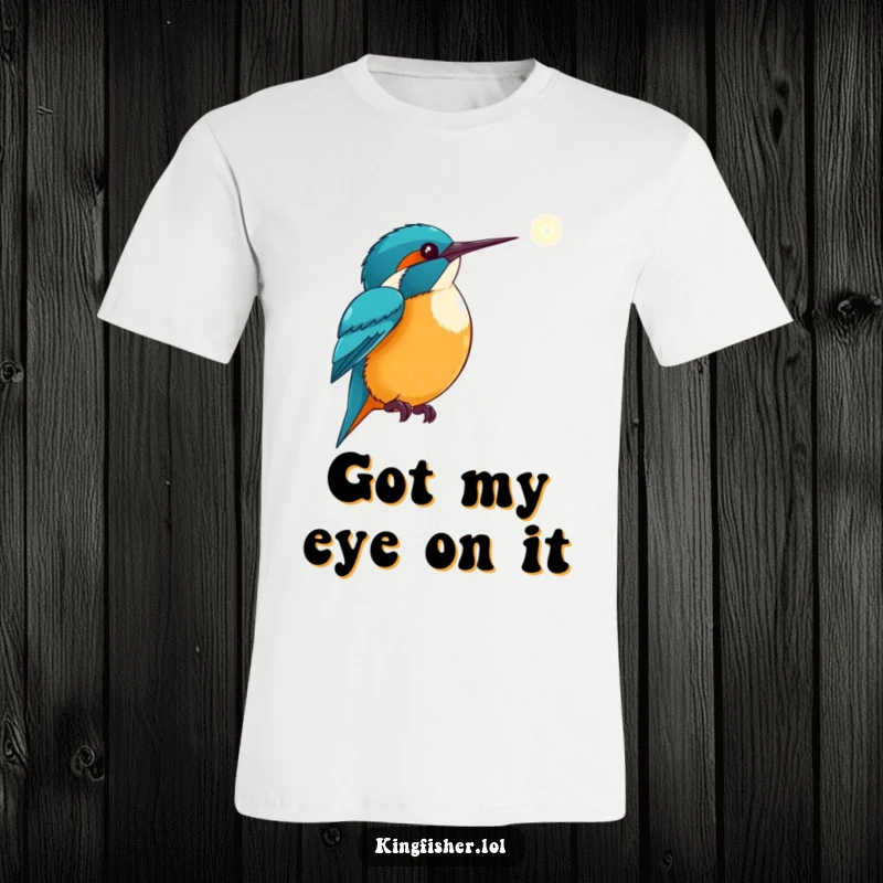 Funny Kingfisher T-Shirt: An excited bird points towards a glowing light, symbolizing hope and determination.
