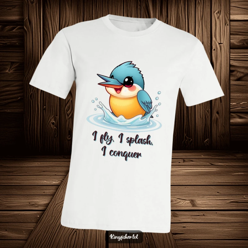 Funny Kingfisher T-Shirt showcasing a happy kingfisher with wide, excited eyes, playfully splashing water upwards with delightful energy.