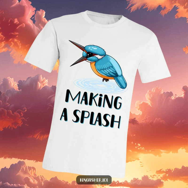 Funny T-Shirt of a small, blue kingfisher diving headfirst into shimmering water, celebrating nature and aquatic grace.