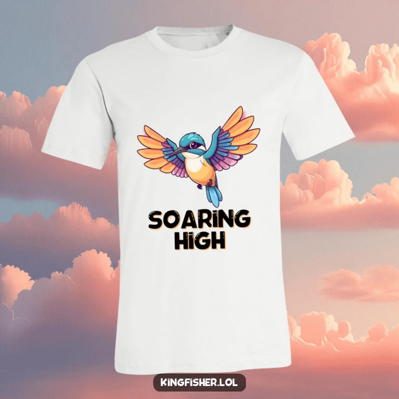 Funny Kingfisher T-Shirt depicting a kawaii bird mid-flight with wings spread, trailing colorful feathers, a humorous expression of freedom.