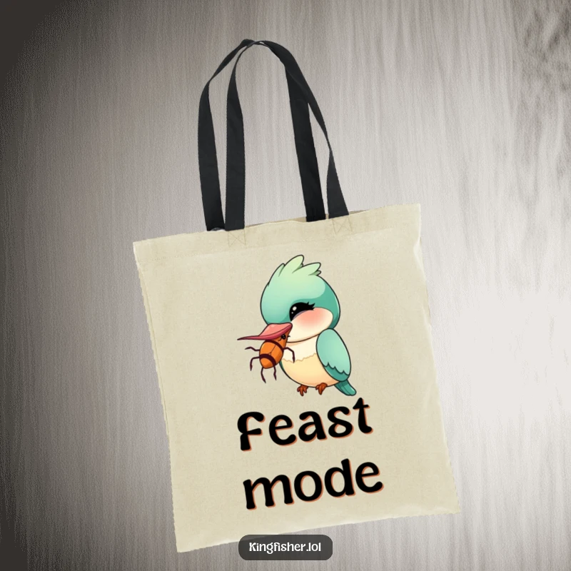 Funny Kingfisher Tote Bag with a kawaii bird winking and holding a comically oversized insect, a humorous and practical accessory.