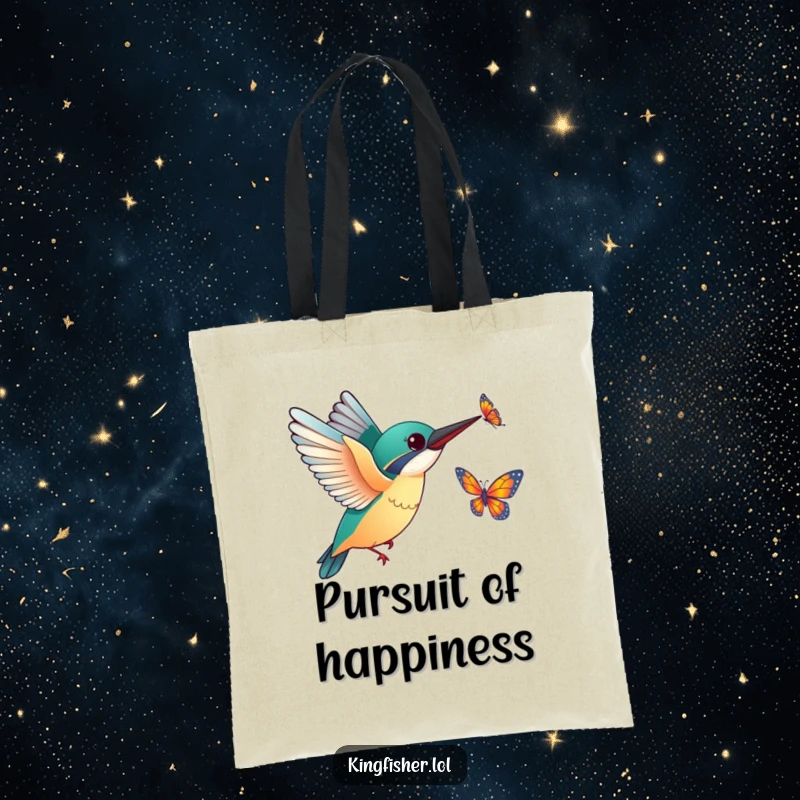 Funny Kingfisher Butterfly Tote Bag: A stylish tote bag depicting an excited kingfisher with outstretched wings chasing a fluttering butterfly, full of life.
