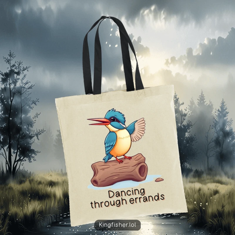 Funny Kingfisher Tote Bag: An excited bird dancing joyfully on a driftwood log, practical and full of life.