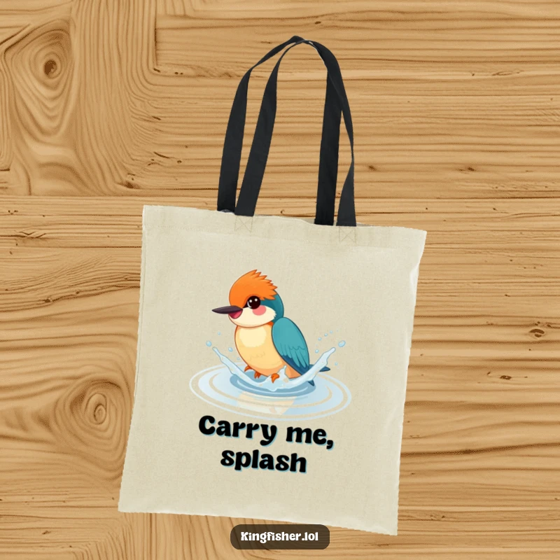 Funny tote bag with a happy kingfisher splashing playfully in water, a stylish and humorous accessory.