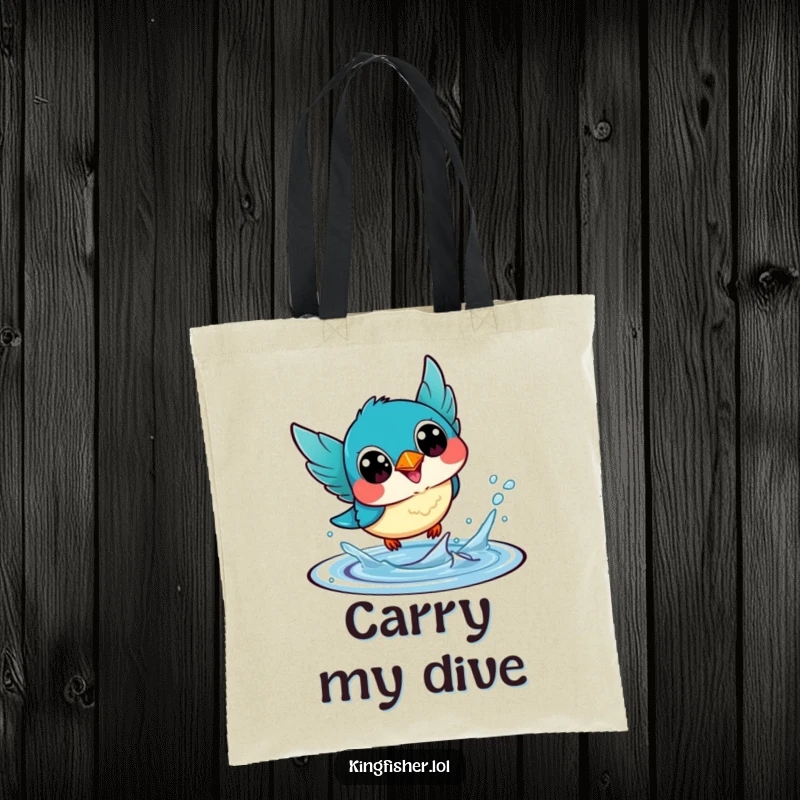 Funny Tote Bag: A kawaii kingfisher bird with ecstatic eyes, diving headfirst into water, perfect for carrying essentials with flair.