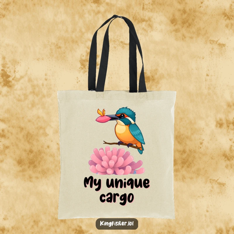 Funny kingfisher tote bag, bird artistically balancing a vibrant anemone on its beak, stylish and humorous accessory.
