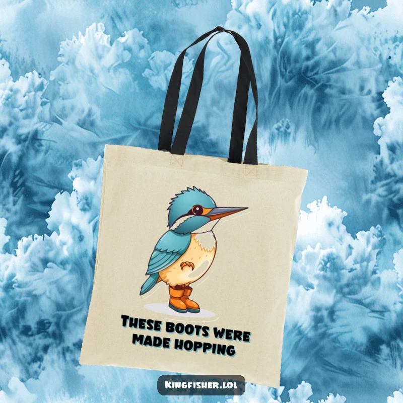 Funny kingfisher in tiny boots, excitedly tapping its foot, displayed on a durable tote bag, a humorous avian accessory.