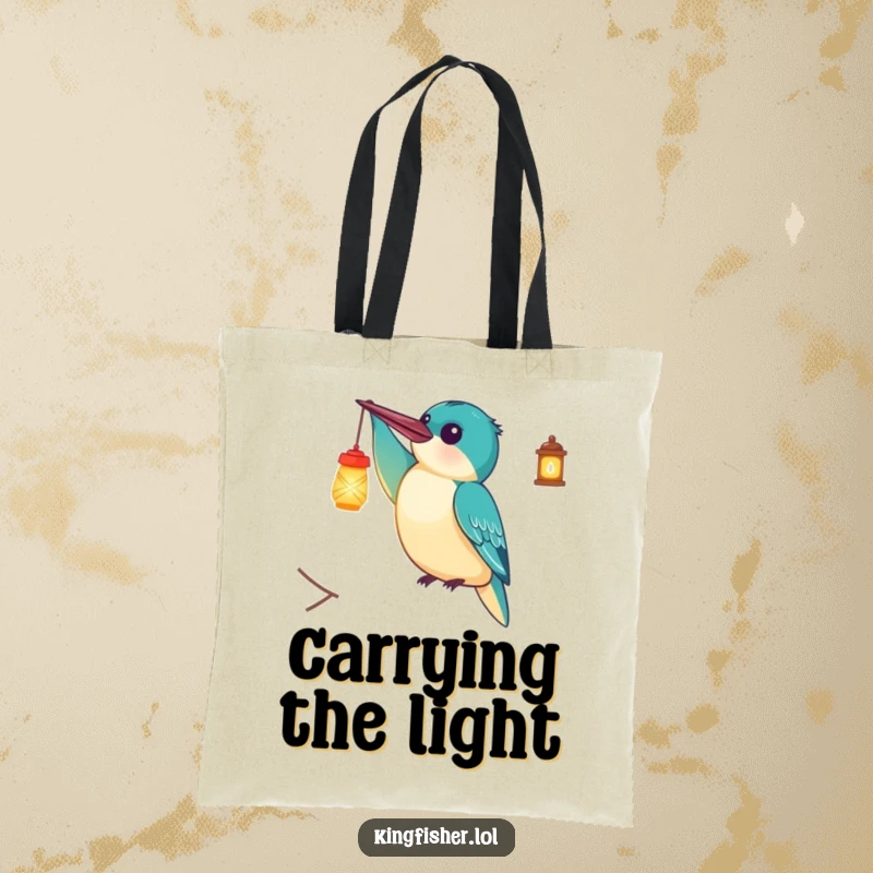 Funny Tote Bag: A delighted kingfisher bird holding a tiny, glowing lantern, symbolizing guidance and cheerful humor.