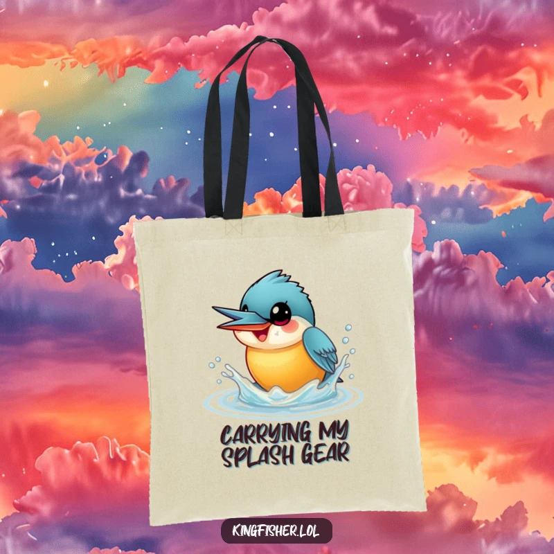 Funny Kingfisher Tote Bag depicting a smiling kingfisher with wide eyes, playfully splashing water upwards, perfect for carrying daily items.
