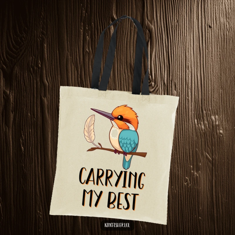Funny Tote Bag: A shy kingfisher bird extending a wing to offer a single, perfect feather, symbolizing gentle kindness.