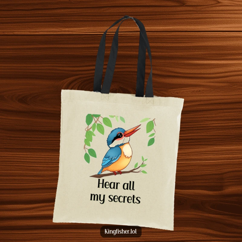 Funny kingfisher tote bag with a smiling bird listening intently to forest sounds, perfect for carrying essentials.