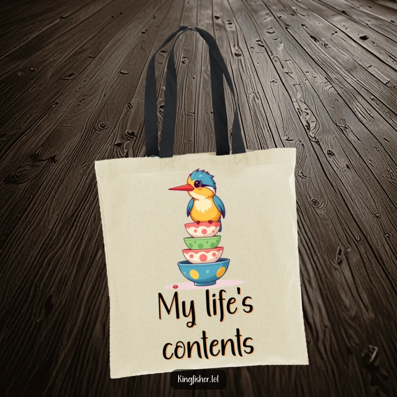 Funny tote bag depicting a giggling kingfisher bird balancing a tower of food bowls, ideal for carrying groceries and essentials.